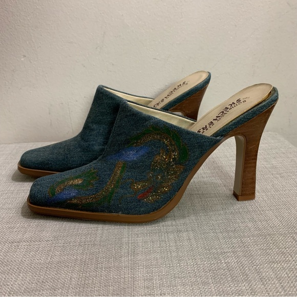 Women’s VINTAGE 90’s Y2K Blue DENIM High Heel GLITTER Painted MULES Shoes  7 - Picture 3 of 5